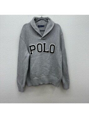Polo Ralph Lauren Grey Shawl Collar Spellout Letterman Cotton Sweater Mens XL